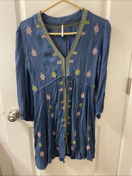 Free People Dresses & Skirts - Free People Blue Embroidered Mini Dress with Pink and Lime Accents